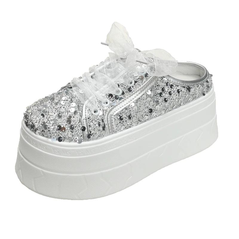 Fashion 8CM Women's Slippers 2025 New Bling Summer Women's Platform Slippers Lace Rhindiamonds High Toe Closed Slippers Women Mule Shoes