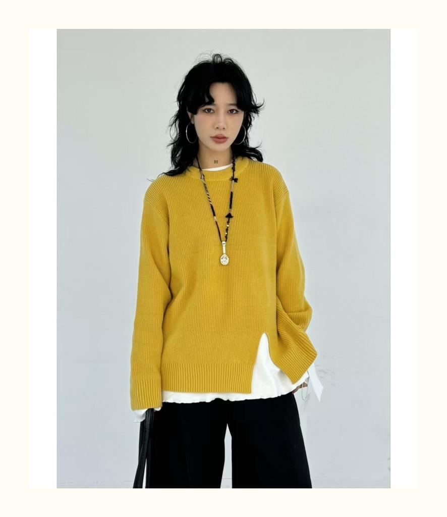 Becabeau Women's Winter Loose Knit Sweater, Plus Size, Korean Casual Style, Split Design, Crew Neck