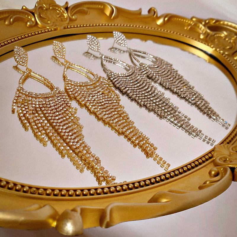 Light luxury style diamond-encrusted water drop long fringed silver needle earrings personality exaggerated niche temperament high-end earrings