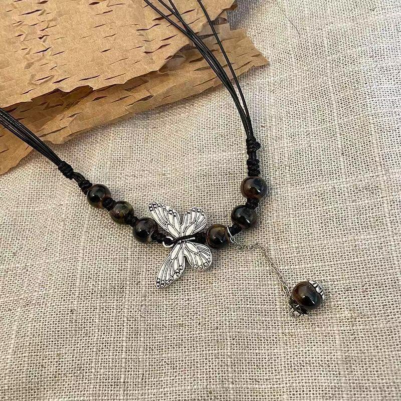 Medieval Retro Butterfly Necklace Female New Chinese Handmade Ceramic Butterfly Collarbone Chain Guochao Drawstring Neck Chain