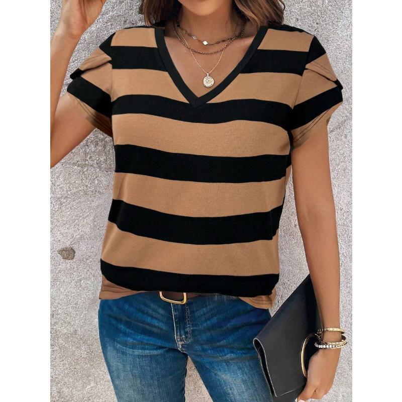 Hundreds of Striped Women's T-shirt Summer Casual V-neck Short-sleeved Tops Classic Style Oversize Loose Women's Clothing