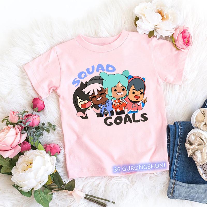 Magliette Kawaii per Bambini Divertenti Stampa Cartone Animato Mondo Toca Videogioco Maglietta per Bambini Piccoli Moda Estiva Magliette per Bambine Top Rosa