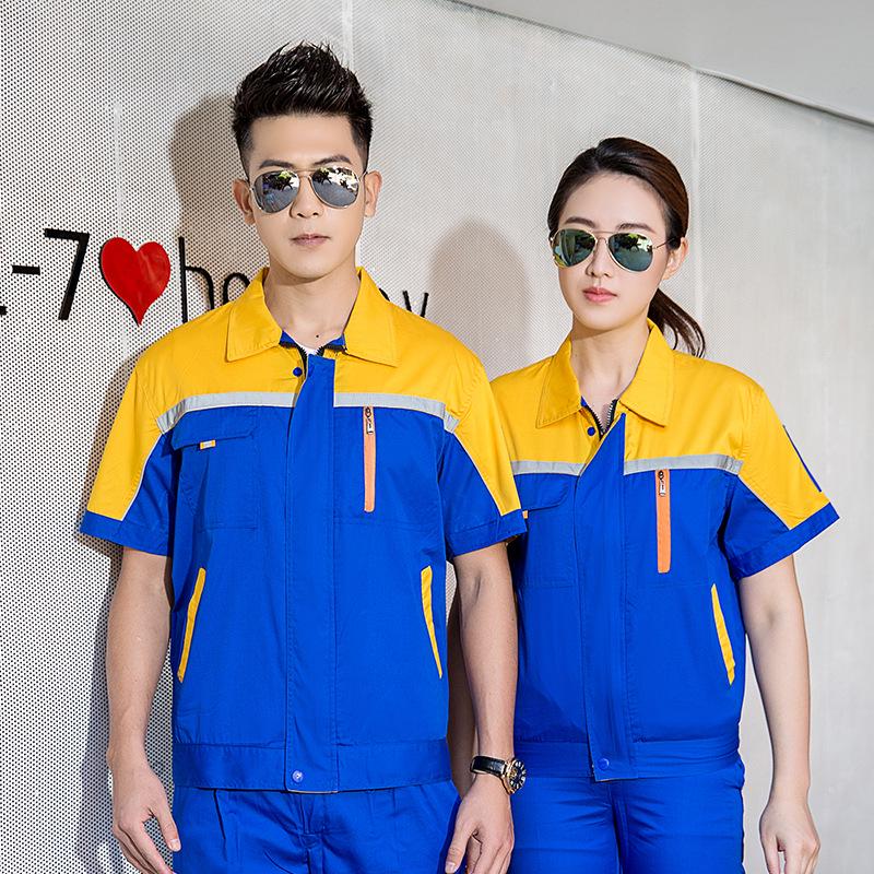 Summer Workwear Set: Lightweight Breathable Top & Embroidered Engineering Overalls for Auto Repair.