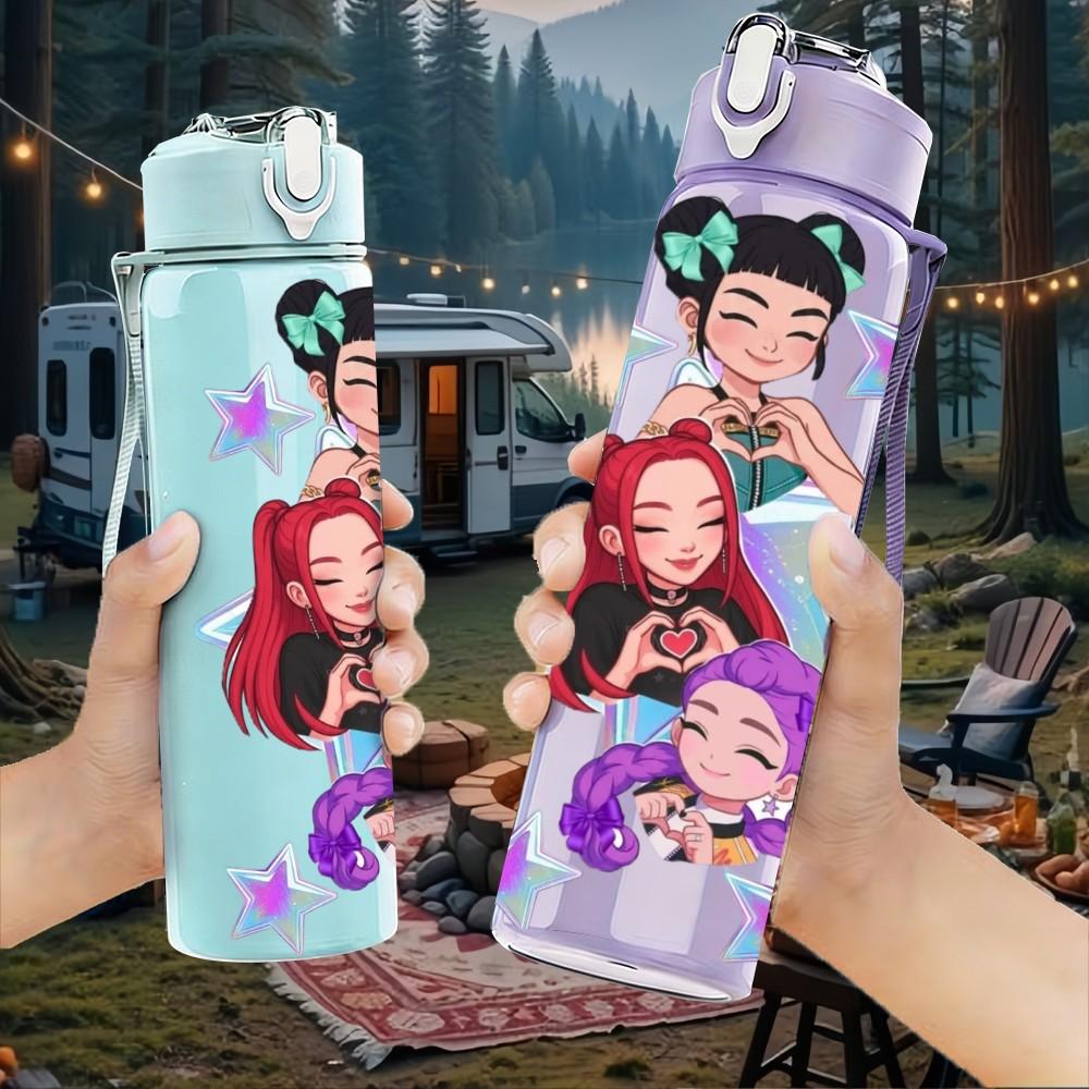 1PC Fashion Girl Character Art 750ml Color Plastic Sports Water Bottle Leakproof Flip Straw Lid Suitable for Sports Office Home Use