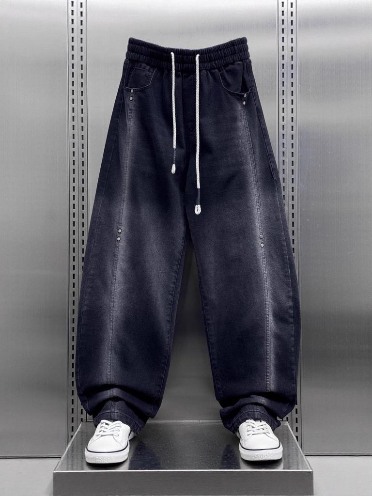 Nowość na wiosnę Męskie Ciężkie Jeansy Patchworkowe Scimitar - Luźne, Szerokie Nogawki, Prosty Krój, Długie do Ziemi Spodnie