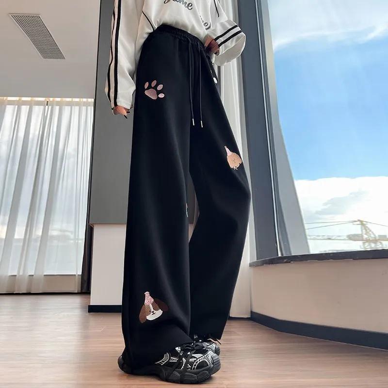 Women s High-Waisted Cartoon Embroidered Sweatpants - Spring/Summer 2026 Casual Loose Wide-Leg Pants S