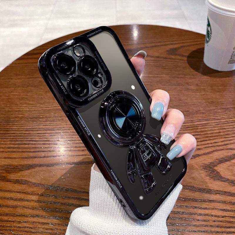 

Применимо к iPhone 15 Гальванизированный чехол для мобильного телефона с астронавтом 14proMax Линза зрачка Apple 13 Защитная крышка с подставкой iPhone14plus чёрный