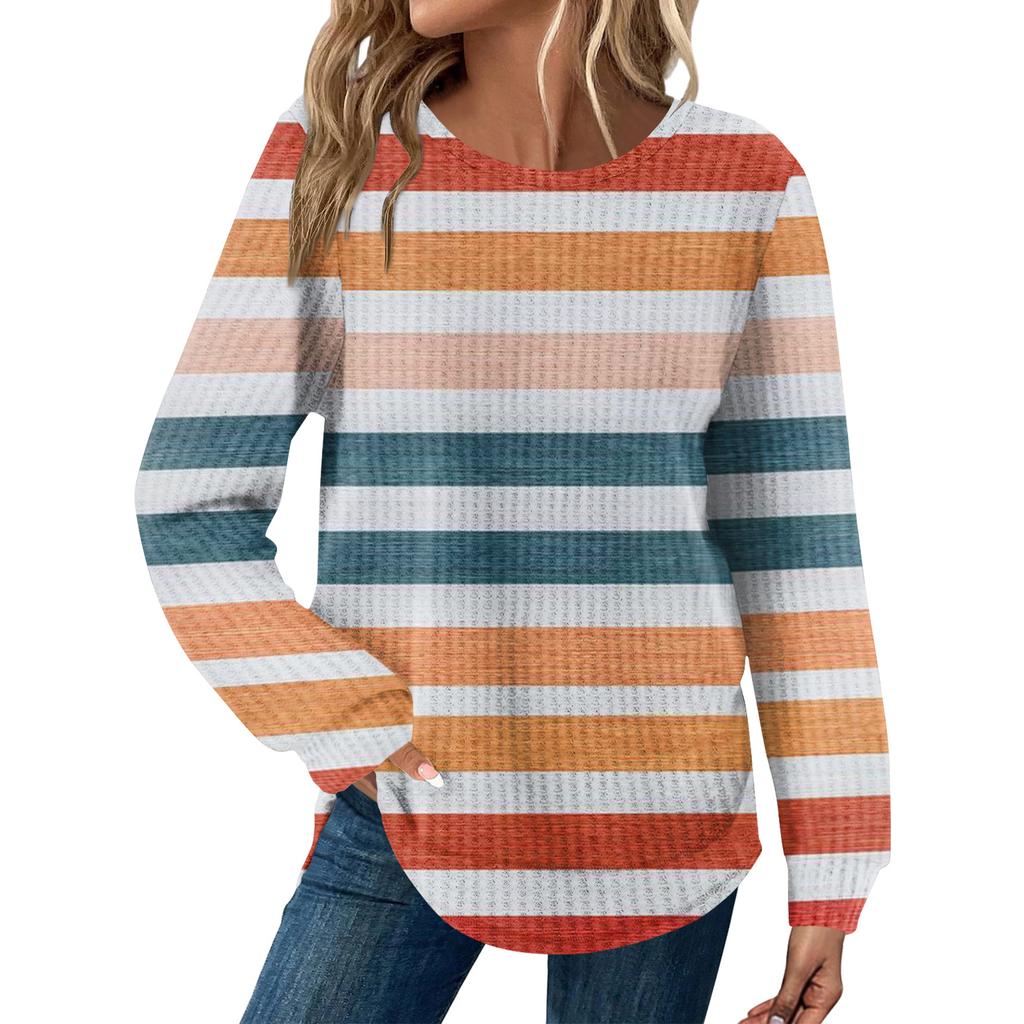 Damen Gestreiftes Druck Rundhals Langarm Locker Lässiges Oberteil