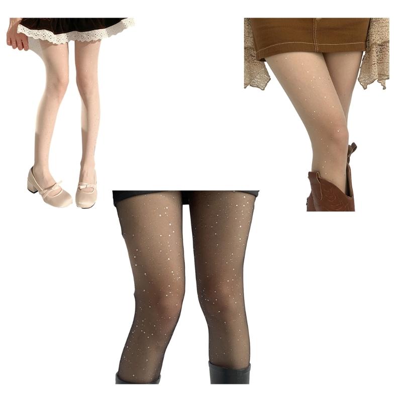 Women Sweet JK Preppy Ultra-Thin Sheer Pantyhose Stockings Glitter Rhinestones Dots See-Through Tights Leggings Hosiery
