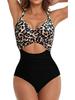 European American Color Block Spliced Cutout One-Piece Swimsuit with Adjustable Cross Tie-Up.