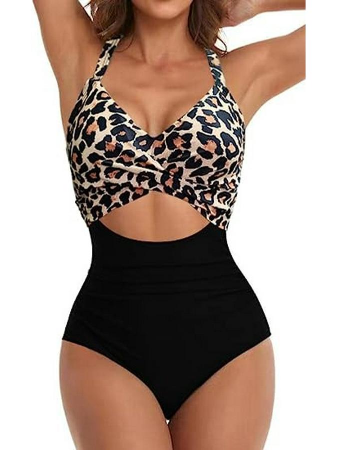European American Color Block Spliced Cutout One-Piece Swimsuit with Adjustable Cross Tie-Up.