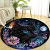 Floral & Cosmic Black Cat Print Polyester Round Chair Mat - Anti-slip Home Decor Rug for Bedroom, Living Room, and Office, Durable Polyester