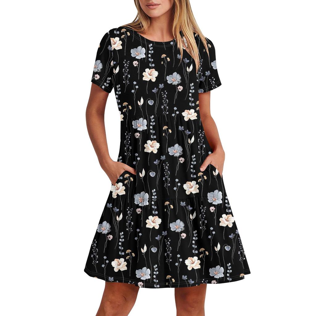 Dámské neformální módní šaty Midi s kulatým výstřihem a krátkým rukávem s potiskem a kapsou