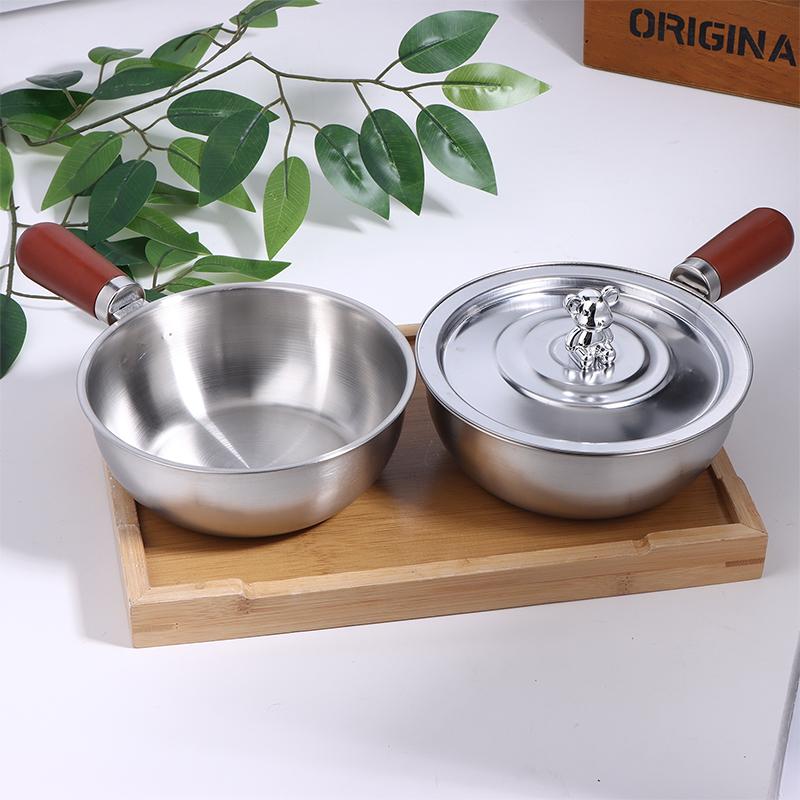 Single-Person Heat-Resistant Stainless Steel Pot Wood Handle For Fruit Salad Yogurt Breakfast Kitchen Cooking Bowl