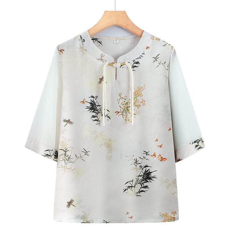 

Plus-Size Summer Print Tops for Middle-Aged & Elderly Women - Loose Short-Sleeve Mother s Shirts XL (85-100 lbs) зелёный