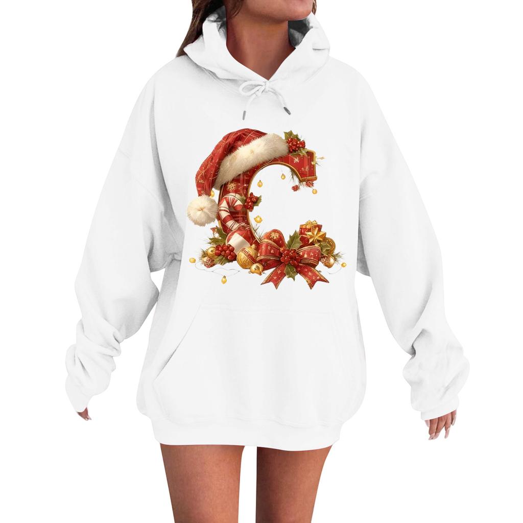 Women's Casual Comfortable Long-Sleeved Christmas Letter-Printed Warm Hooded Crew-Neck Sweatshirt