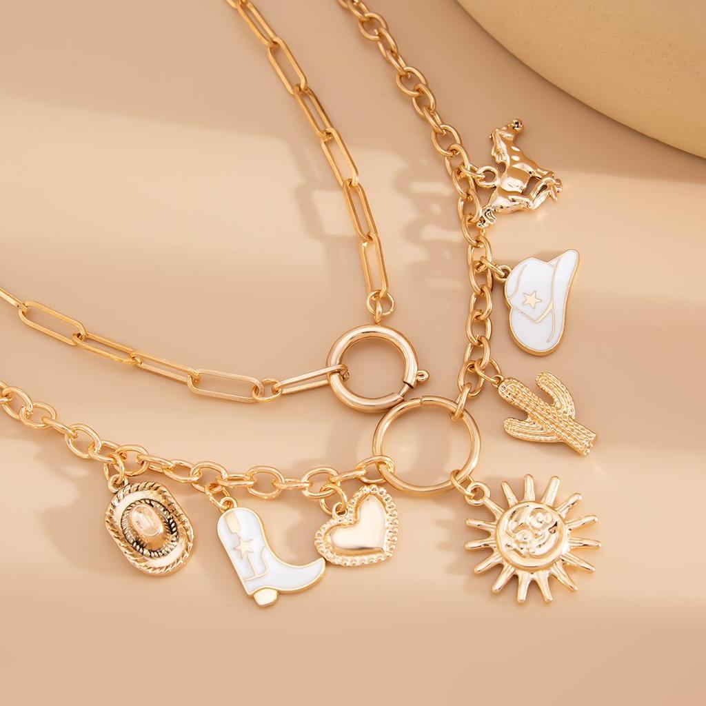 Summer Beach Collection Pendant Necklace Holiday Style Love Sun Cross Chain Lock Bone Chain Personalised Fashion Vintage Women's Necklace