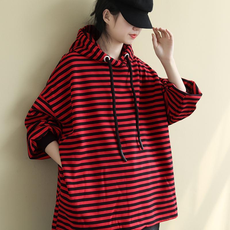 Plus Size Women Long Sleeve Hooded Sweatshirts Autumn Winter Warm Loose Casual Plush Thickened Hoodie Oversized Stripe Tops