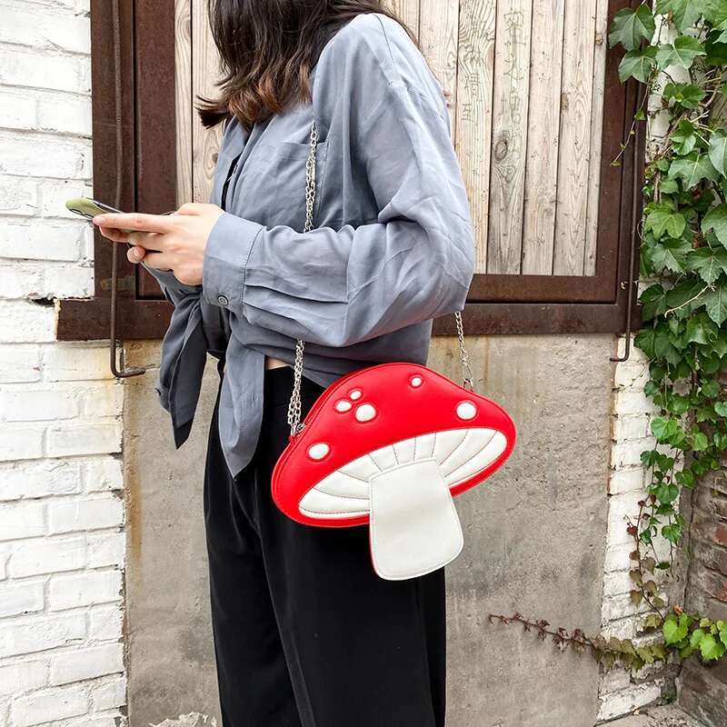 Funny Mushroom Shape Shoulder Bag for Women Girl PU Leather Handbag Cartoon Crossbody Bag Satchel Tote Female Mini Chain Bag
