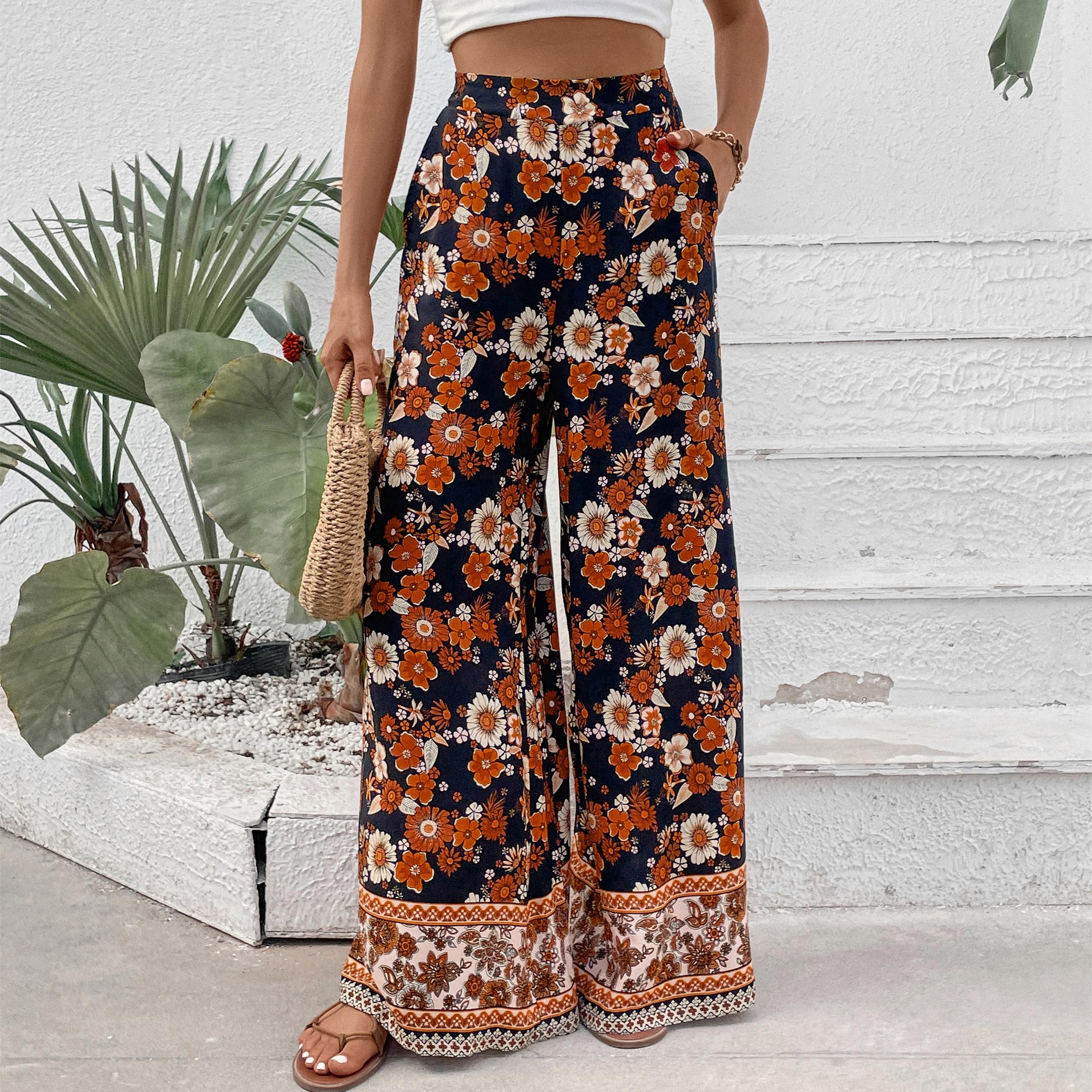 

YYFS женские винтажные повседневные брюки в богемном стиле с цветочным принтом, брюки и капри M чёрный