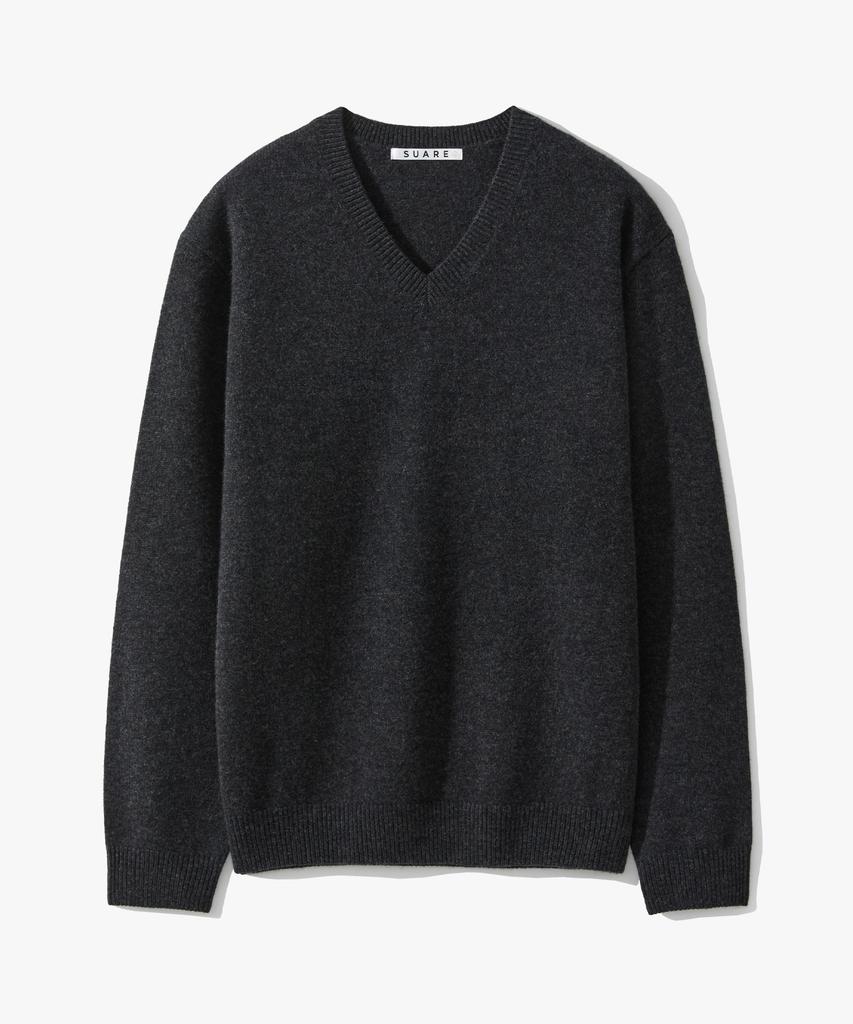 SUARE WOMEN 100% Fine Merino Wool V-Neck Knit Charcoal