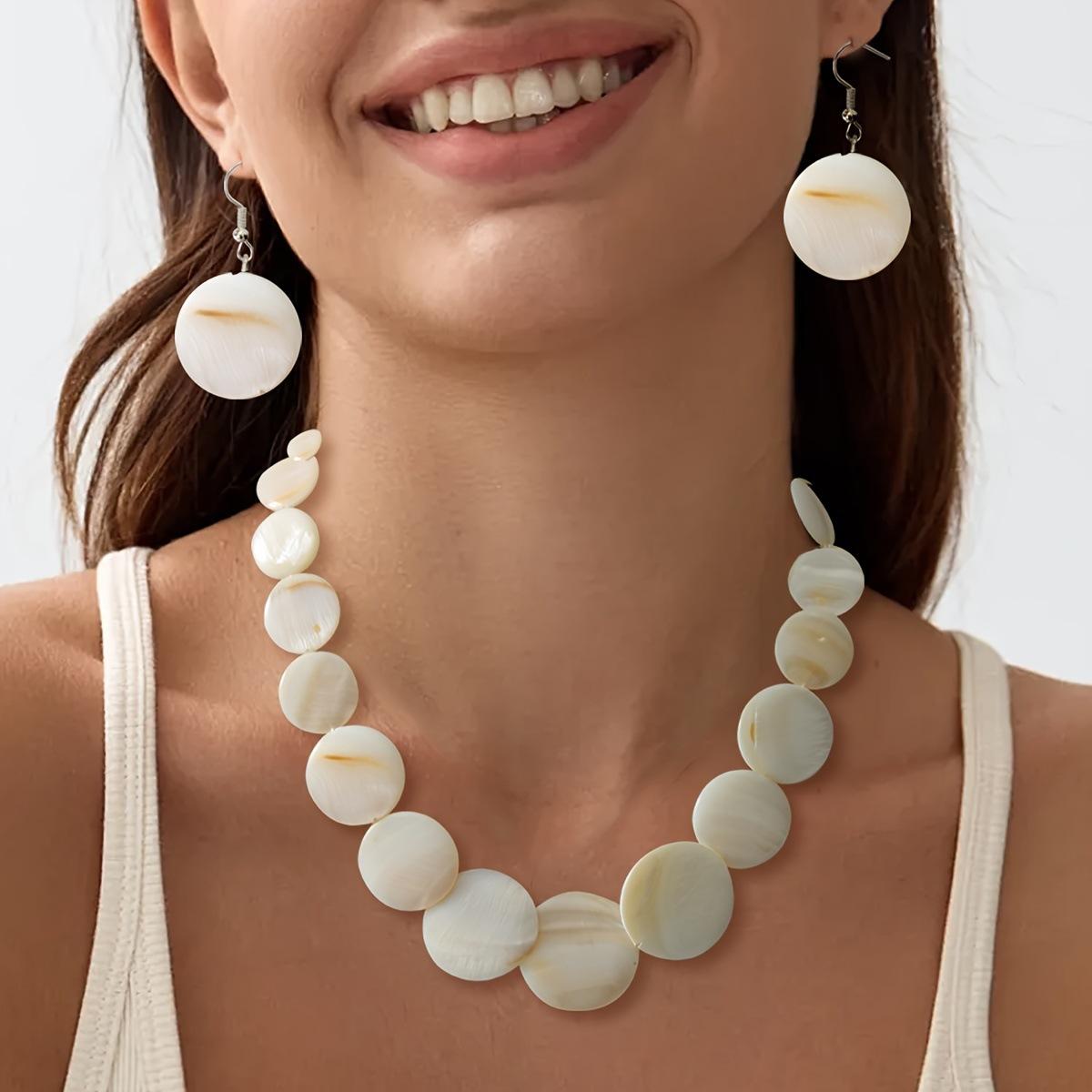 Shell Necklace Earrings Set Fashion Trend Holiday Style Clavicle Chain Round Earrings Simple Premium Women белый