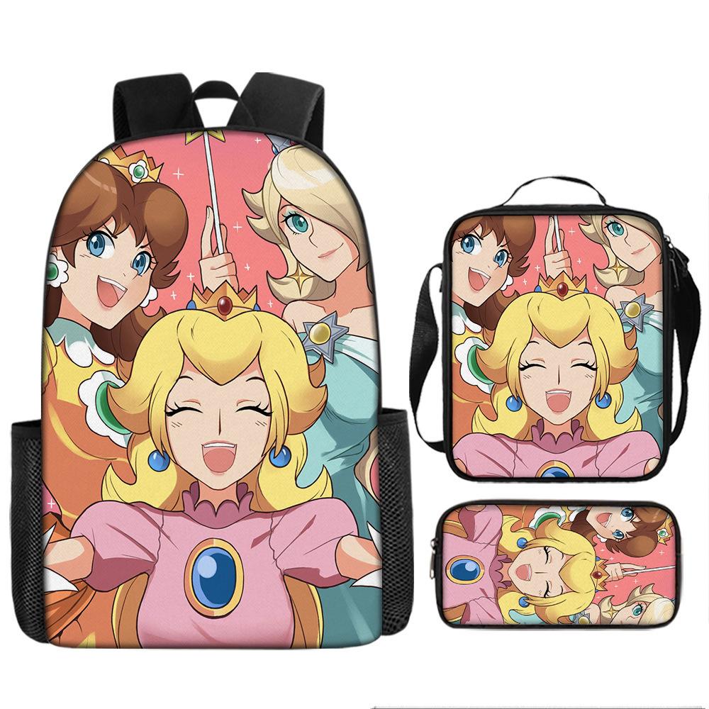 Sada batohů s kresleným motivem Super Maria, Školní taška princezny Peach, 3dílná, polyesterová, Batoh s herním motivem