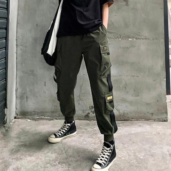 Women Loose Cargo Pants Multi Pockets Elastic Waist Casual Lady Trousers Plus Size