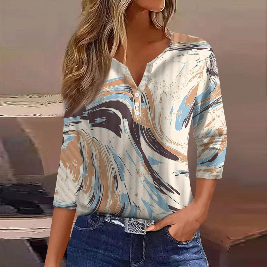 Damen T-Shirt Print Button 3/4 Ärmel Tunika Alltag Wochenendmode Basic V-Ausschnitt Normales Oberteil