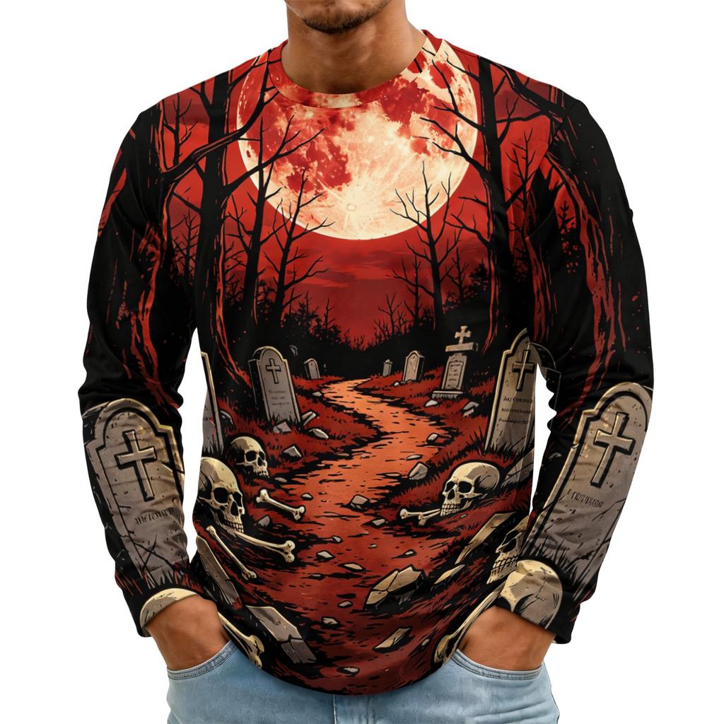 Men's Halloween Print Long Sleeve Neck T-Shirt for Holiday Party