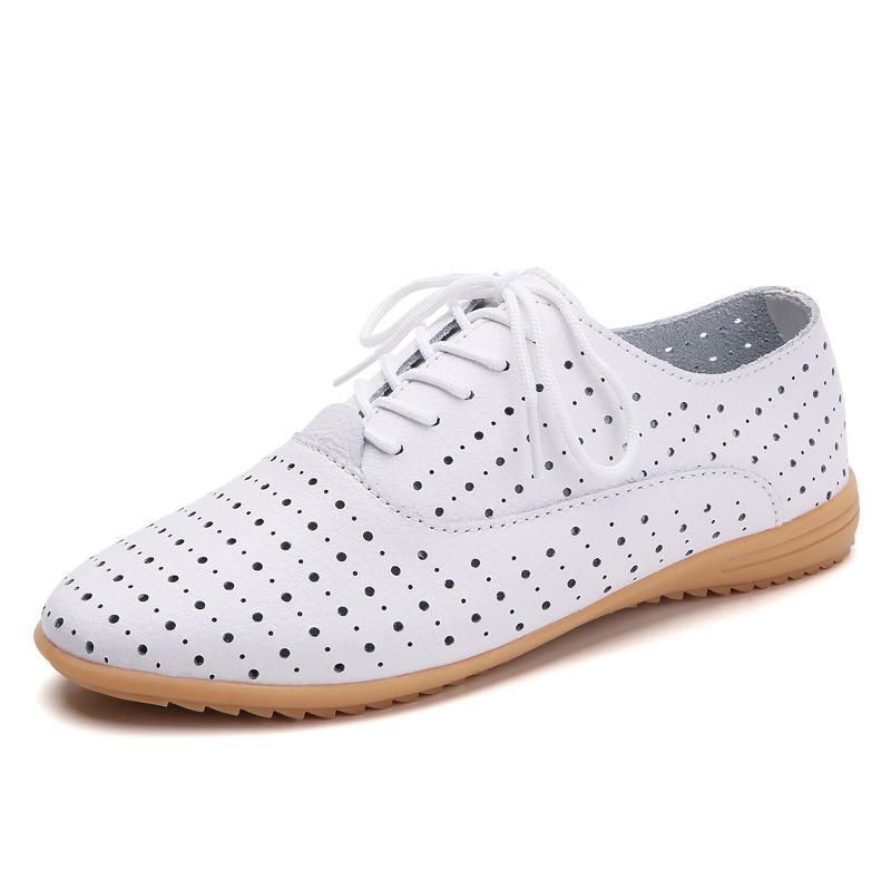 Small Leather Shoes Women's Hollow Breathable Summer Work Shoes Versatile Personalized Casual Shoes Lace-up Flat Shoes