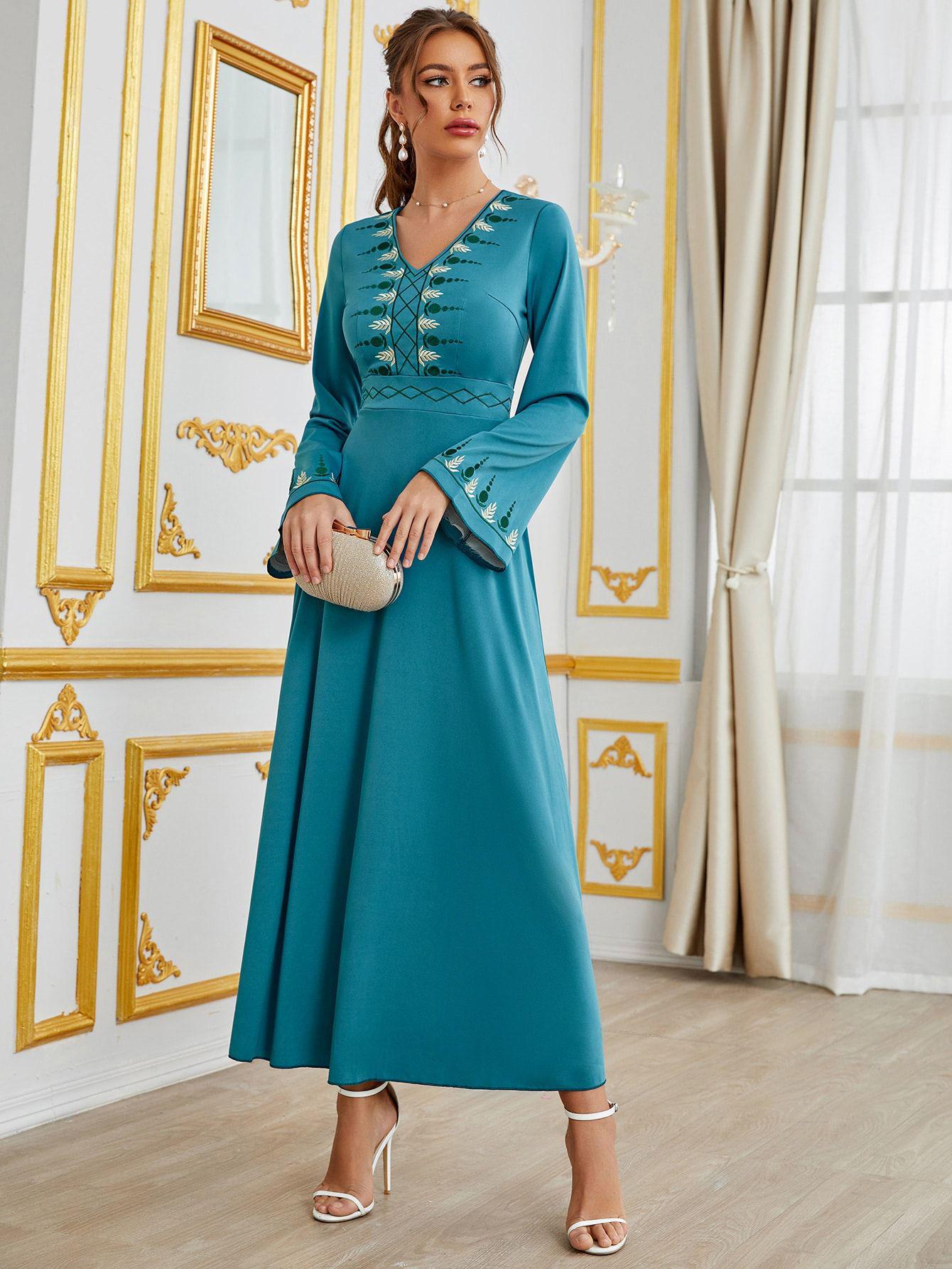 

2025 Elegant V-Neck Embroidered Women s Dress - New, Hot-Selling & Gorgeous XL peacock синього кольору