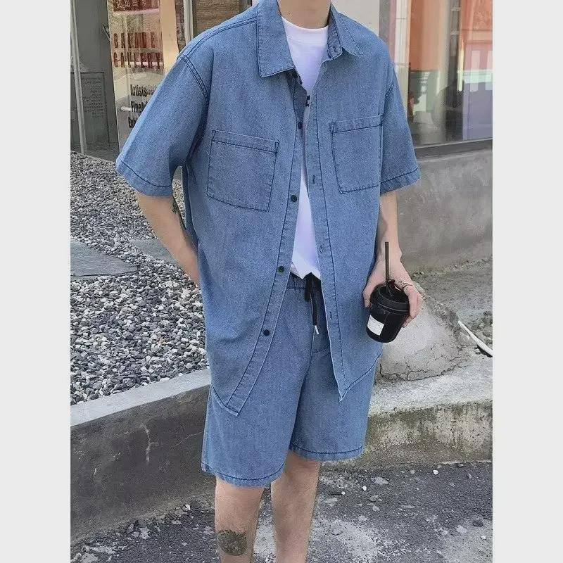 2023 Summer Men's Wash Denim Two-Piece Suit: Short-Sleeved Shirt & Half Pants Casual Set