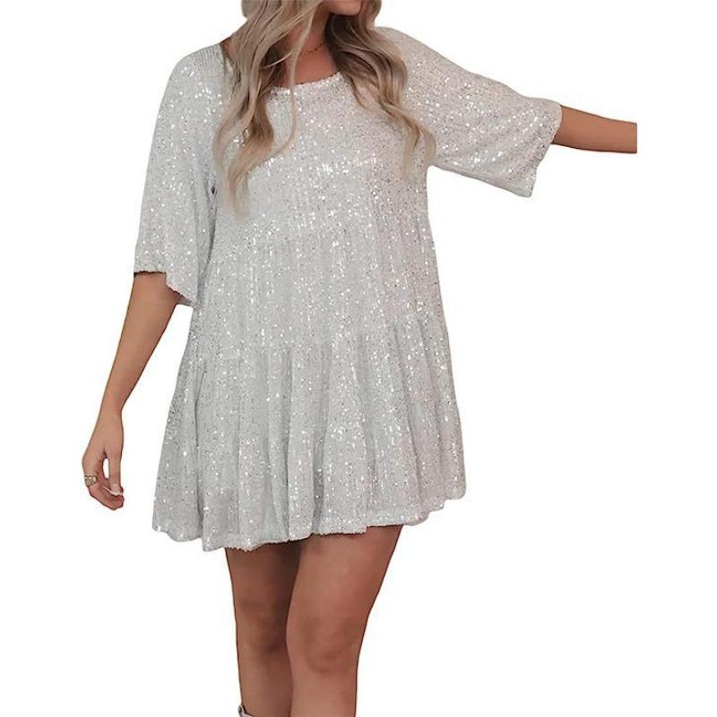 Jarní a letní dámské šaty se sekviny, šaty s polovičním rukávem, kulatým výstřihem, plisované, volné šaty