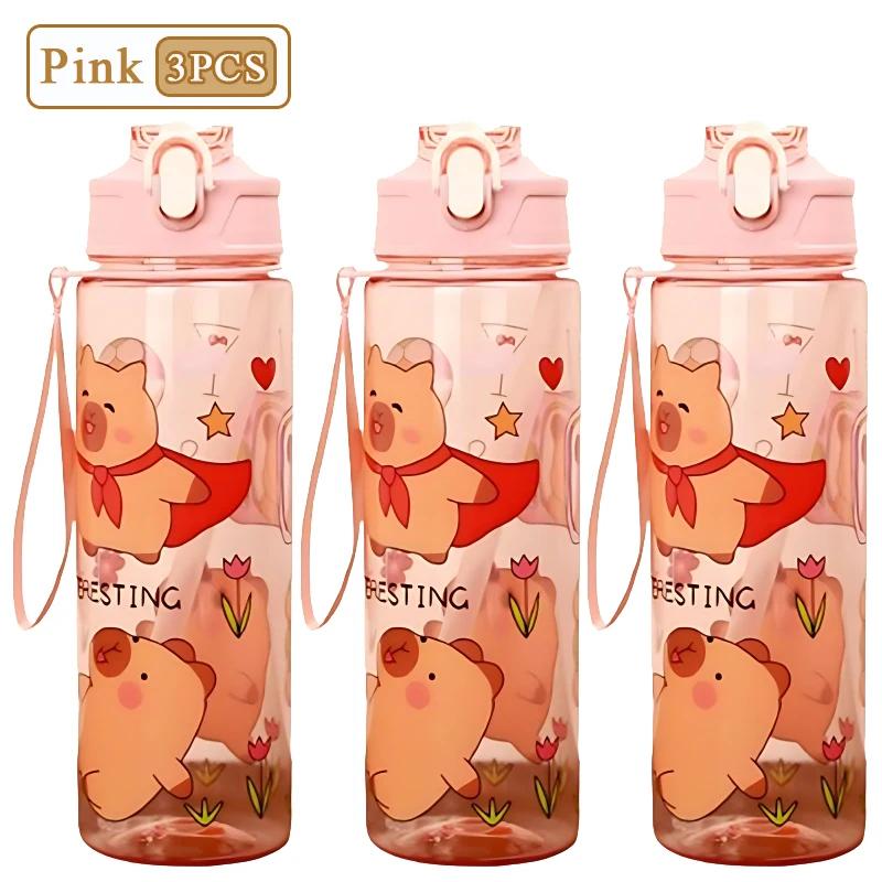 1/3/5/10PCS 750ML Capybara Straw Cup Cute Cartoon Water Bottle with Carry Strap Leakproof Portable Drinking Cup Kids Bottle