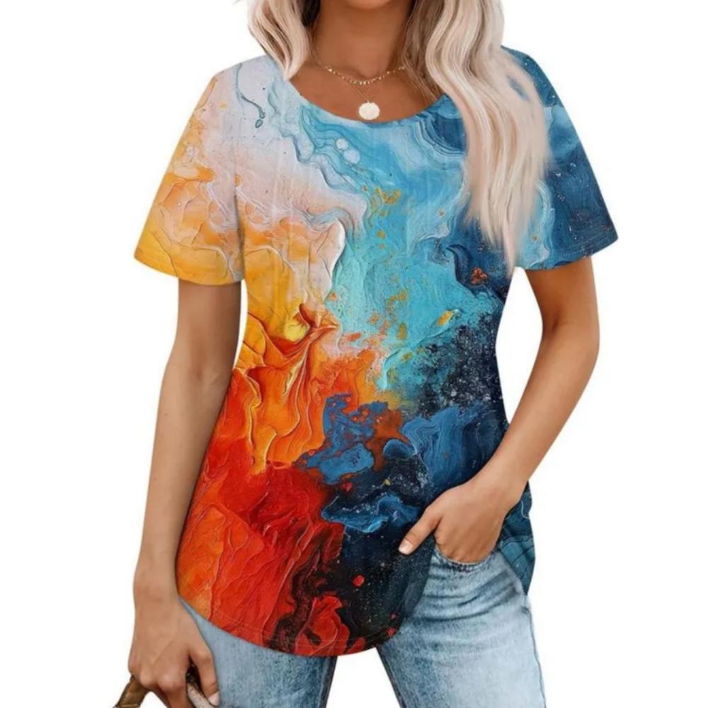 Summer Women T-shirt Creative Flower 3D Printed Short Sleeved T-shirt Fashionable Comfortable Soft Breathable Large Loose T-shirt