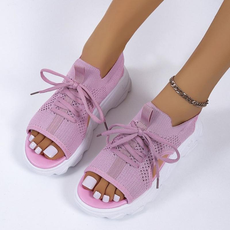 Spring and Summer New Wedge Heel Sandals Women's Flying Woven Breathable Mesh Hollow Muffin Fish Mouth Sandals