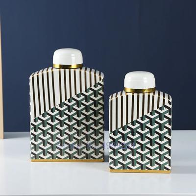 Tarro Cuadrado de Cerámica con Tapa Jarrón Geometría Artesanía Mobiliario Dorado Retro Tarro Decorativo de Cerámica Decoración del Hogar Jarrones
