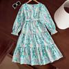 7-12 Years Old Girls Clothing Spring and Autumn Dress New Green Floral Print Dress Casual Long-sleeved Dresses