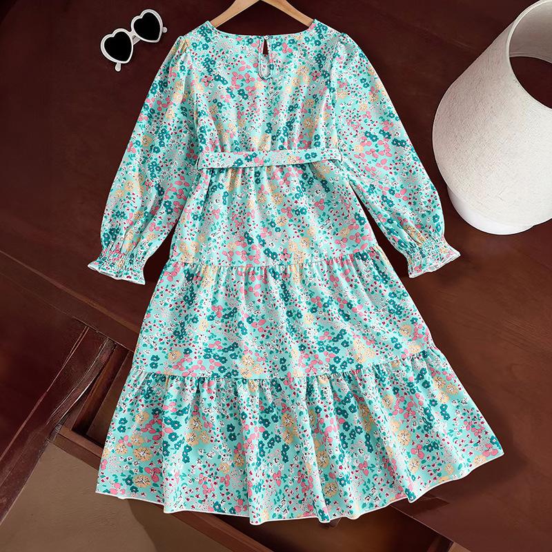 7-12 Years Old Girls Clothing Spring and Autumn Dress New Green Floral Print Dress Casual Long-sleeved Dresses