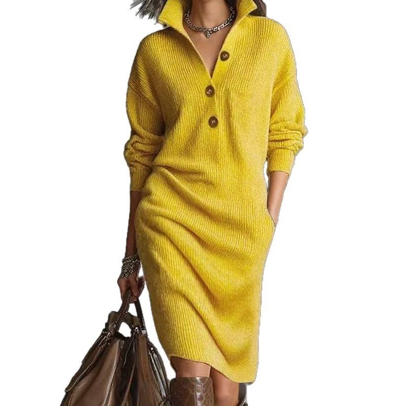 Knit Dress For Women Oversized Turtleneck Sweater Dress With Buttons For Casual Wear