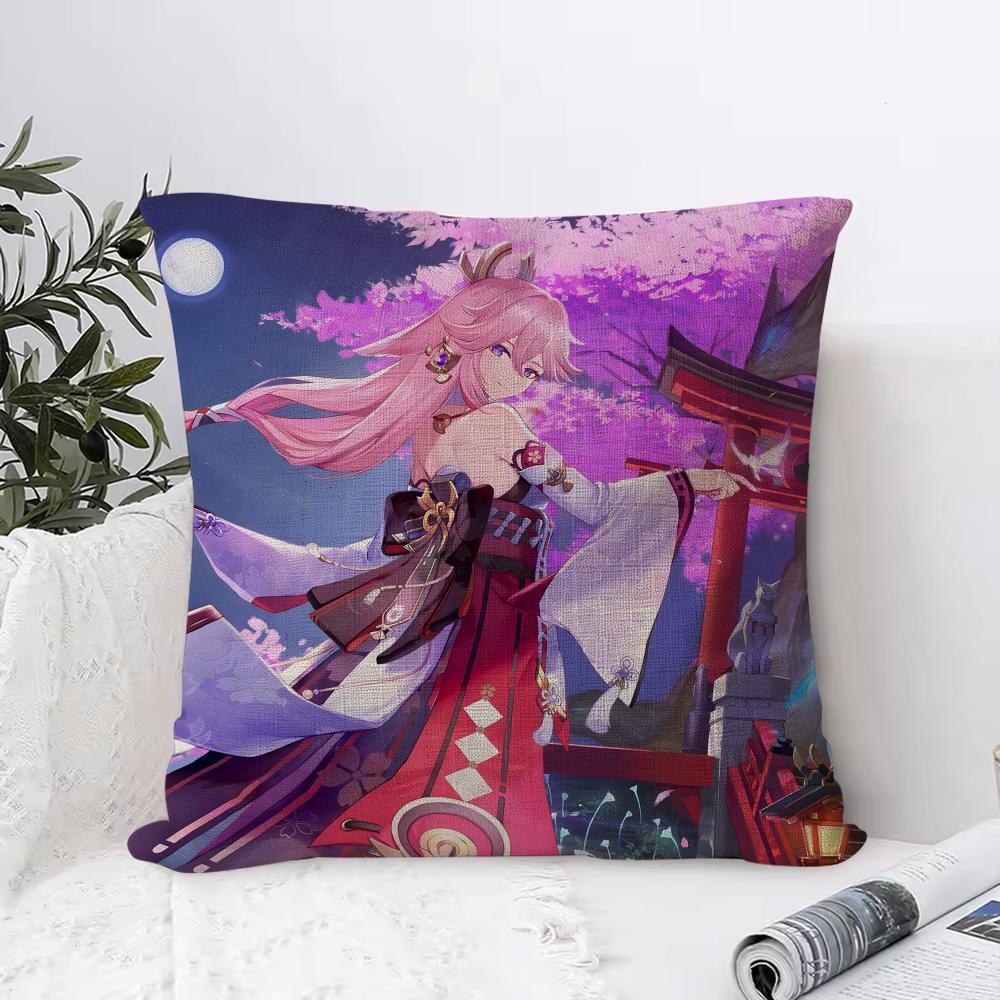 Genshin Impact Yae Miko Cushion Cover Eco Linen Pillow Case DoubleSided Print Breathable Durable Zipper Home Decor Gift
