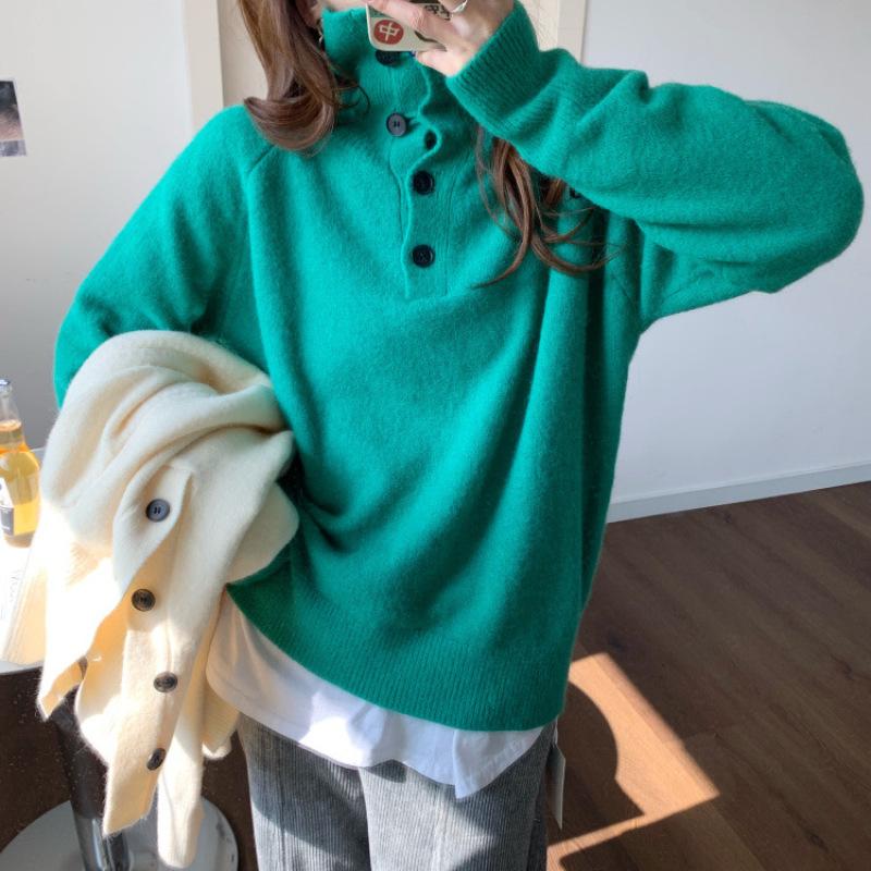 Korean Style Cashmere Sweater Turtleneck Women's Jumper Autumn Winter Buttons Loose Pullover Long Sleeve Knitwear