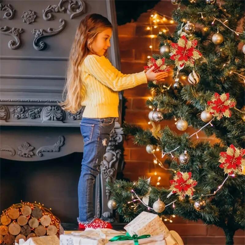 5/10/20Pcs Christmas Flower Ornaments,pink,red,gold,glitter Artifical Flowers for Christmas Tree,xmas Decoration for Home