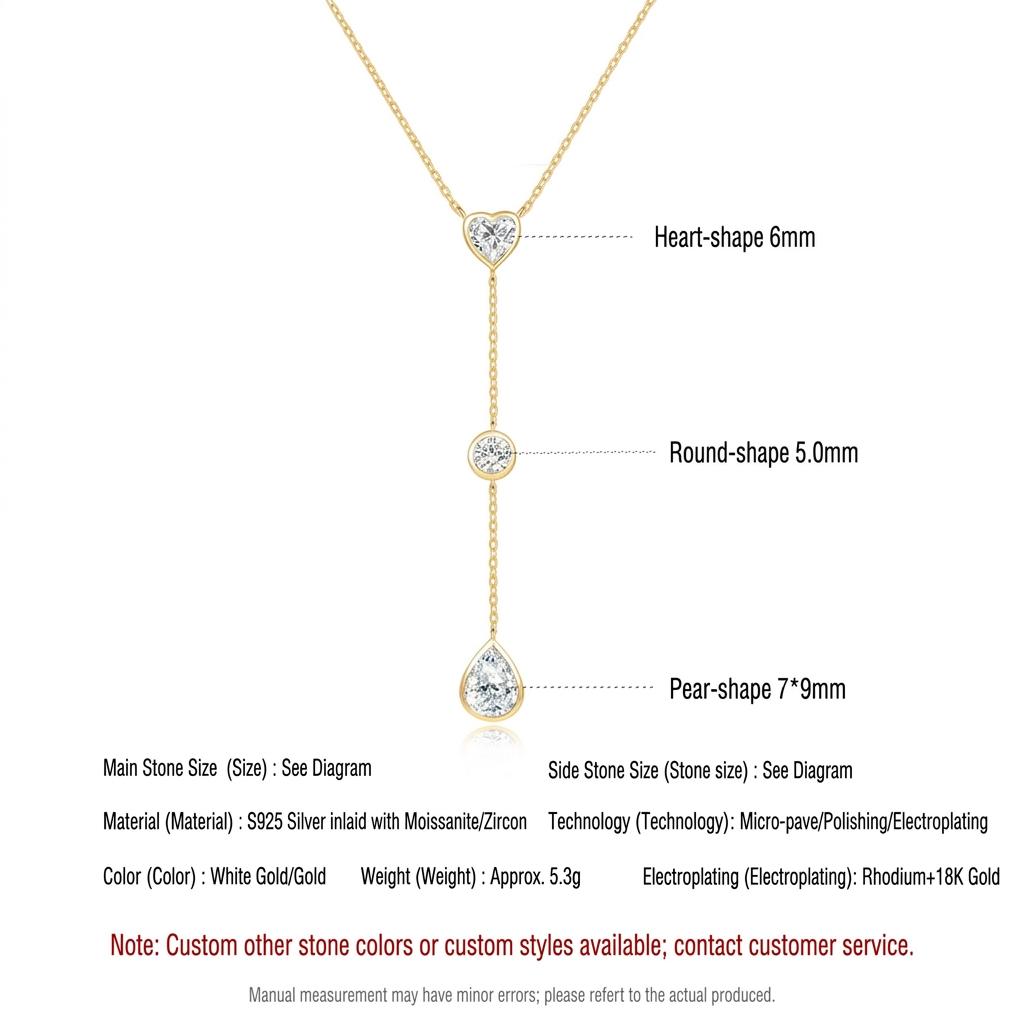 Viral Lariat 3-stone Bezel Moissanite Necklace White Gold Plated S925 Silver Luxury GAR Certified Heart-Round-Pear Drop Women