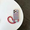 Ins Red Blue Checkered Pattern Heart Beads Wrist Strap Phone Case for iPhone 17 16 15 14 13 Pro Max  Back Cover Fund