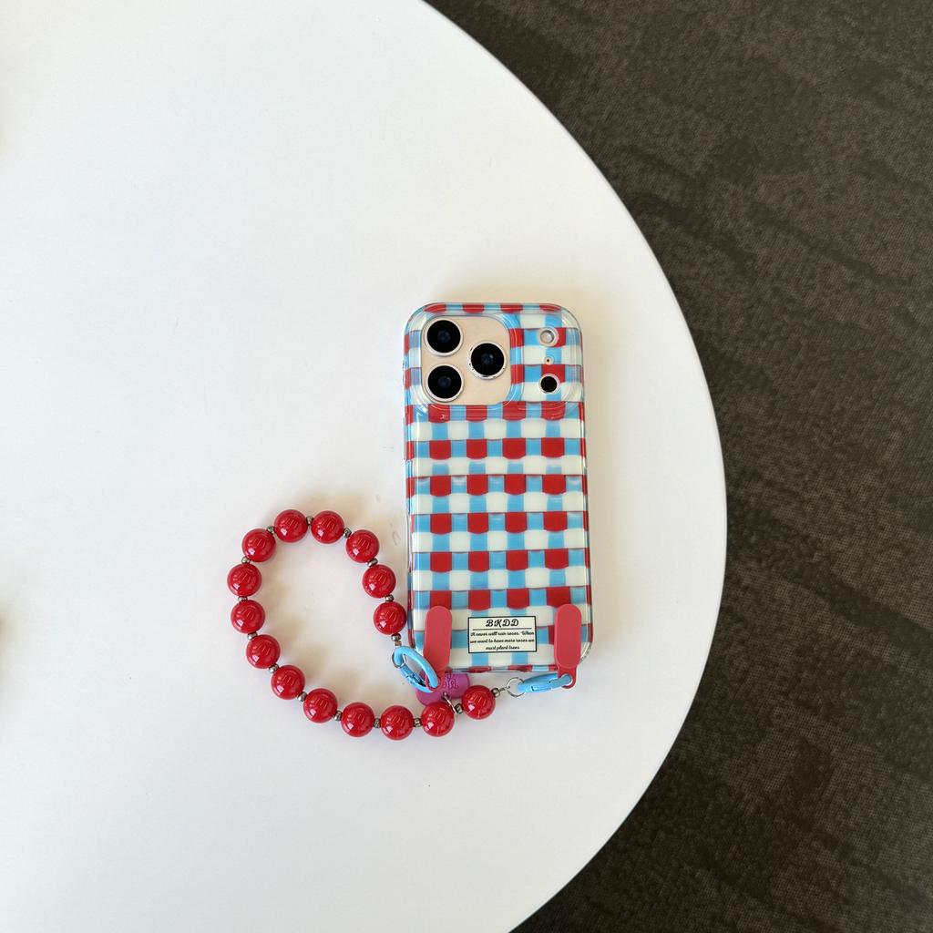 Ins Red Blue Checkered Pattern Heart Beads Wrist Strap Phone Case for iPhone 17 16 15 14 13 Pro Max  Back Cover Fund