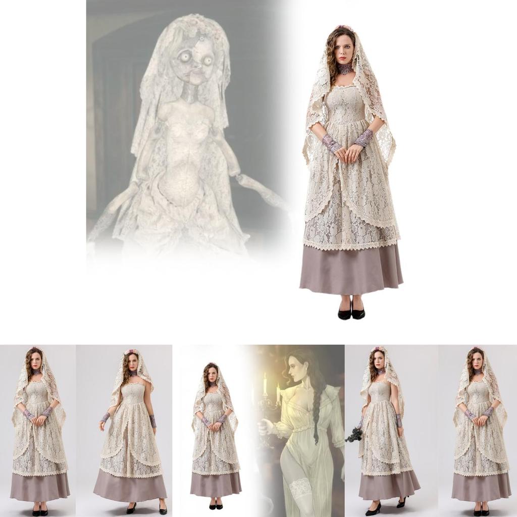 Chic Lace Long Gown With Hood And Accessories For Halloween Female Costume