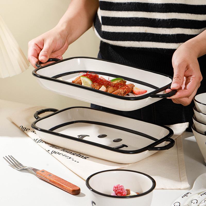 Creative And Cute Smiley Tableware Household Ceramic Tableware Housewarming Gifts Rice Bowl Baking Bowl Vegetable Plate Spoon Combination