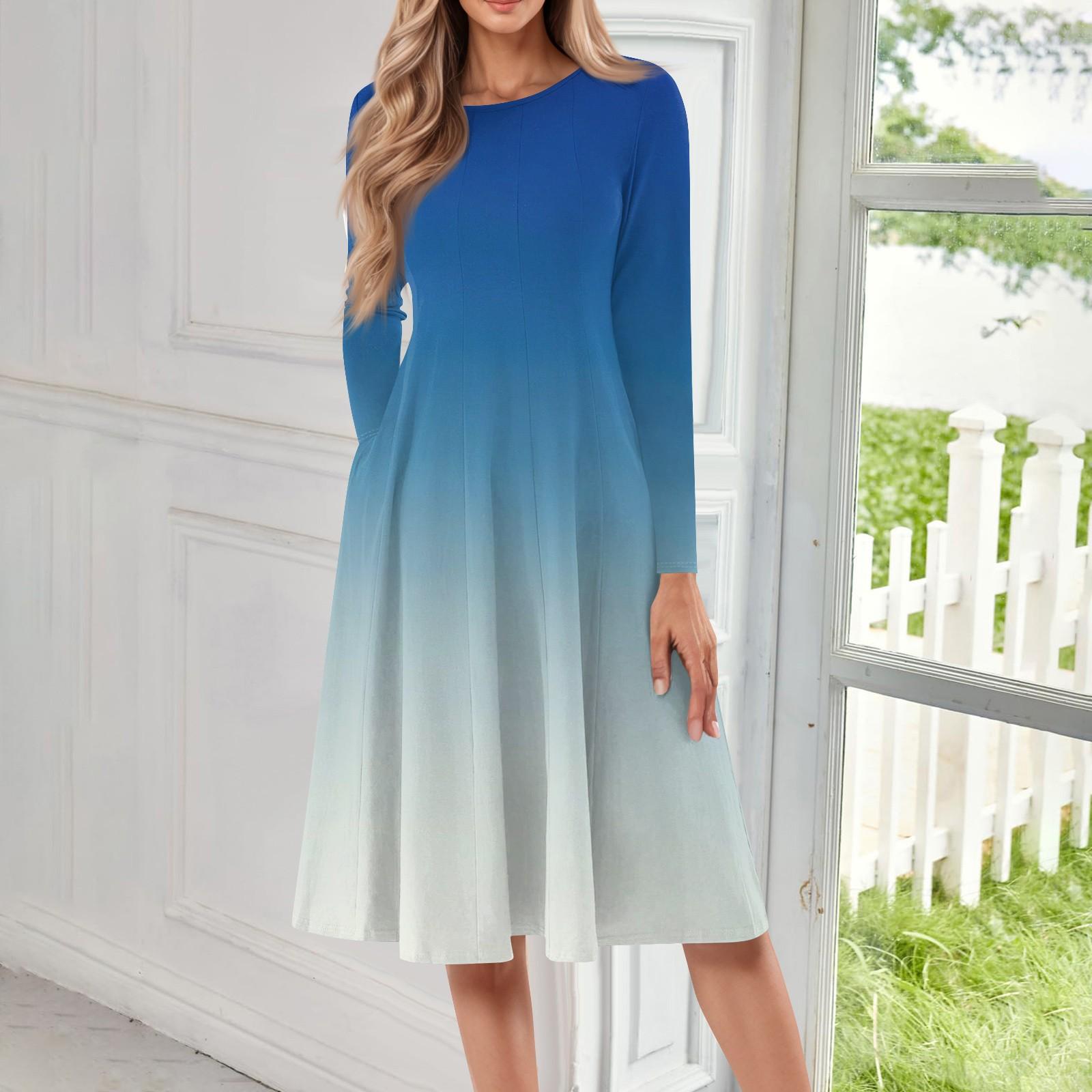 

Женское повседневное модное платье миди с круглым вырезом и длинными рукавами L синий